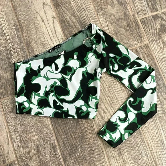 Zara Jacquard Asymmetrical one arm Top & wide leg pants set Size M 70s Retro NWT - Picture 6 of 16